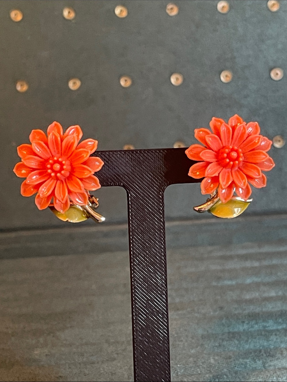 Vintage Orange Celluloid Flower & Green Enamel Clip On Earrings